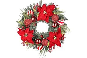 CHRISXIAO 24 Inch Christmas Wreath, Artificial Christmas Wreath for Front Door, Decorated with Cypress Leaves, Christmas Flowers, Red Berries, Atmosphere Balls, Suitable for Indoor and Outdoor