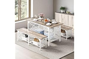 DWVO 3-Piece Dining Table Set for 4-6 People, 63" Dining Room Table with 2 Benches, Industrial Rectangular Dining Room Table Set with Storage for Kitchen, Dining Room, Washed Grey