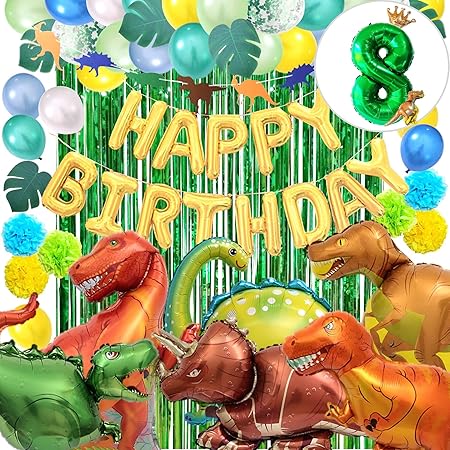 Amazon Deerzon 誕生日 恐竜 バルーン 飾り付け セット 数字バルーン 男の子 巨大 風船 バースデー ガーランド 数字 8 バルーン付き 風船 バルーン おもちゃ