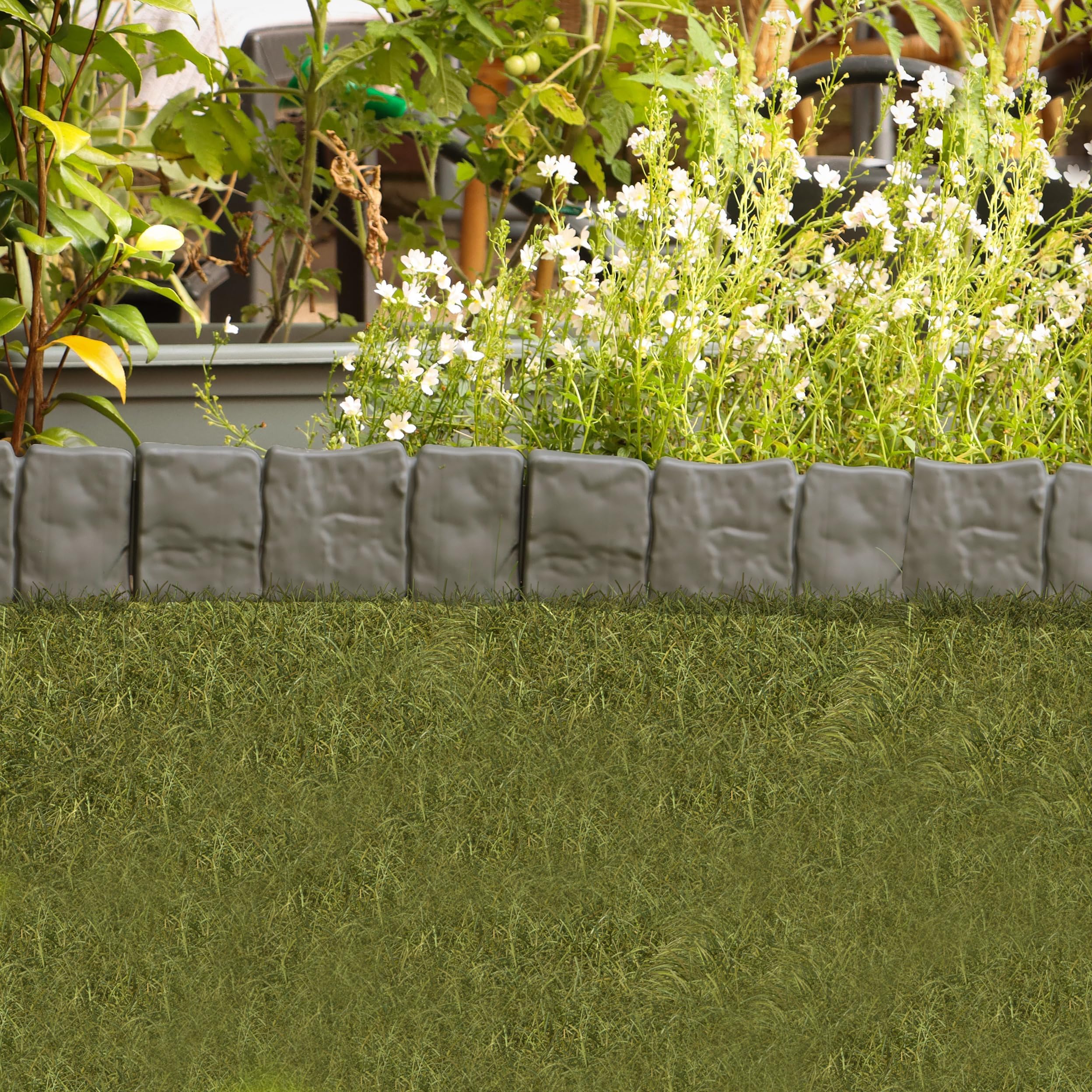 DIVCHI Grey Stone Effect Lawn Edging 10 Pcs Cobblestone Garden Border Flower Bed & Grass Path Garden Edging Fencing Plastic
