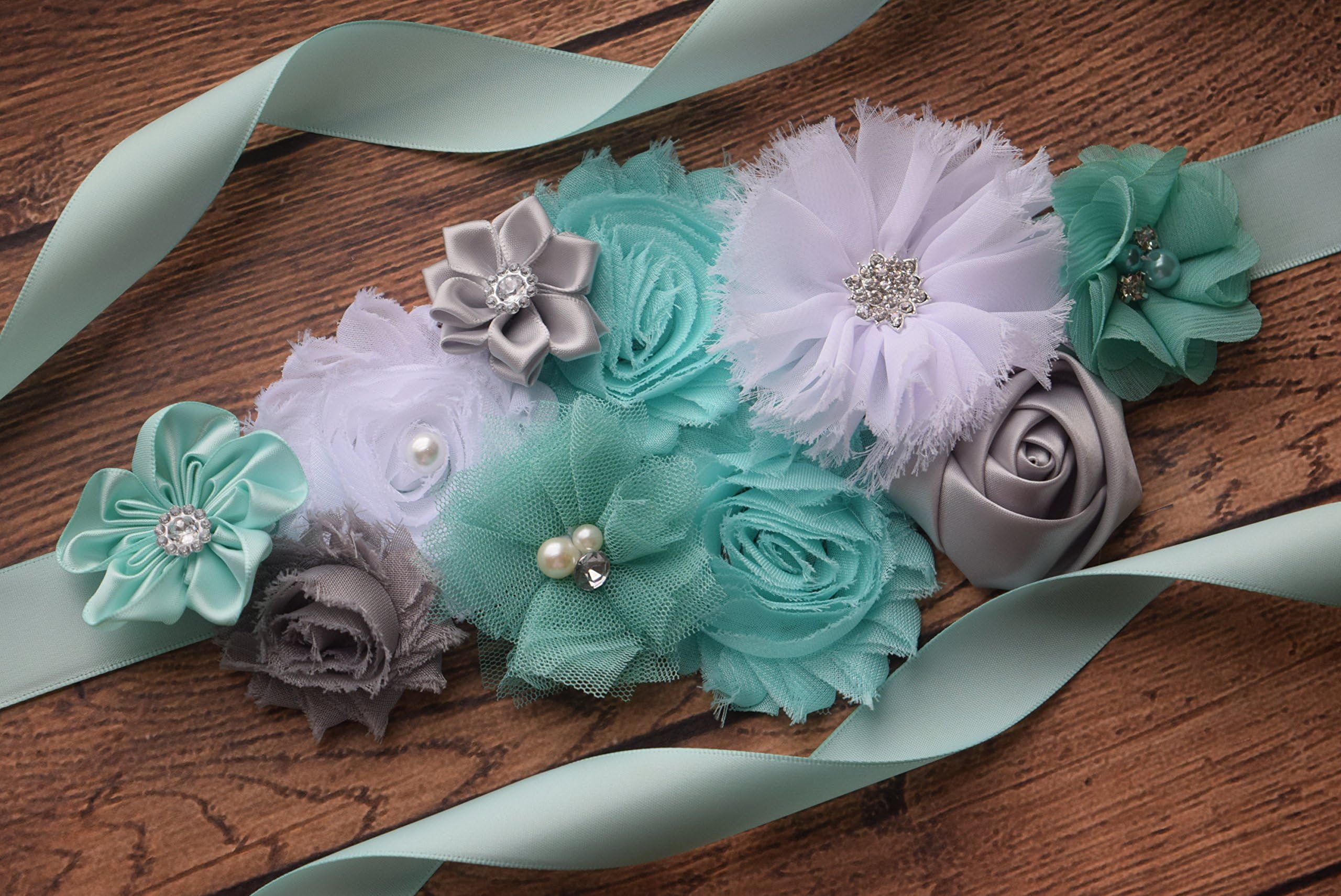 Flower Sash, Aqua white grey Sash, aqua white sash, flower Belt, maternity sash