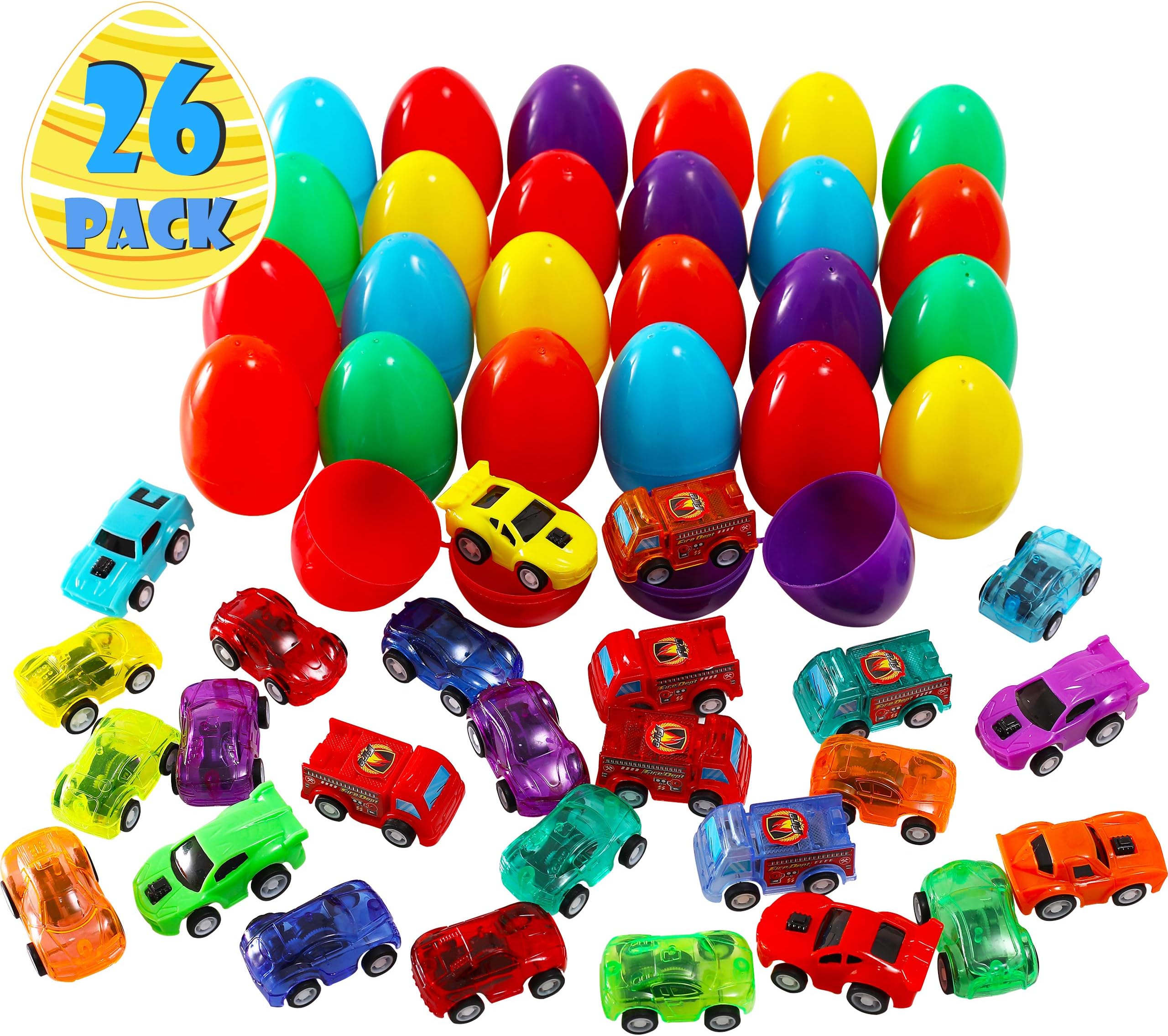 26 Packs Easter Eggs with 26 Assorted Pull Back Race Cars and Fire Engine Trucks for Kids Easter Egg Hunt Games or Easter Basket Stuffers