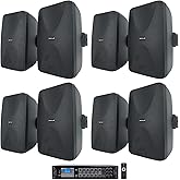Rockville WET-6525B Bundle: (8) 6.5 in 70V Commercial Indoor/Outdoor Wall Speakers in Black, RCS350-6 350W 6-Zone Bluetooth Amplifier for Restaurant, Bar, Office, or Retail Audio, 9-Items