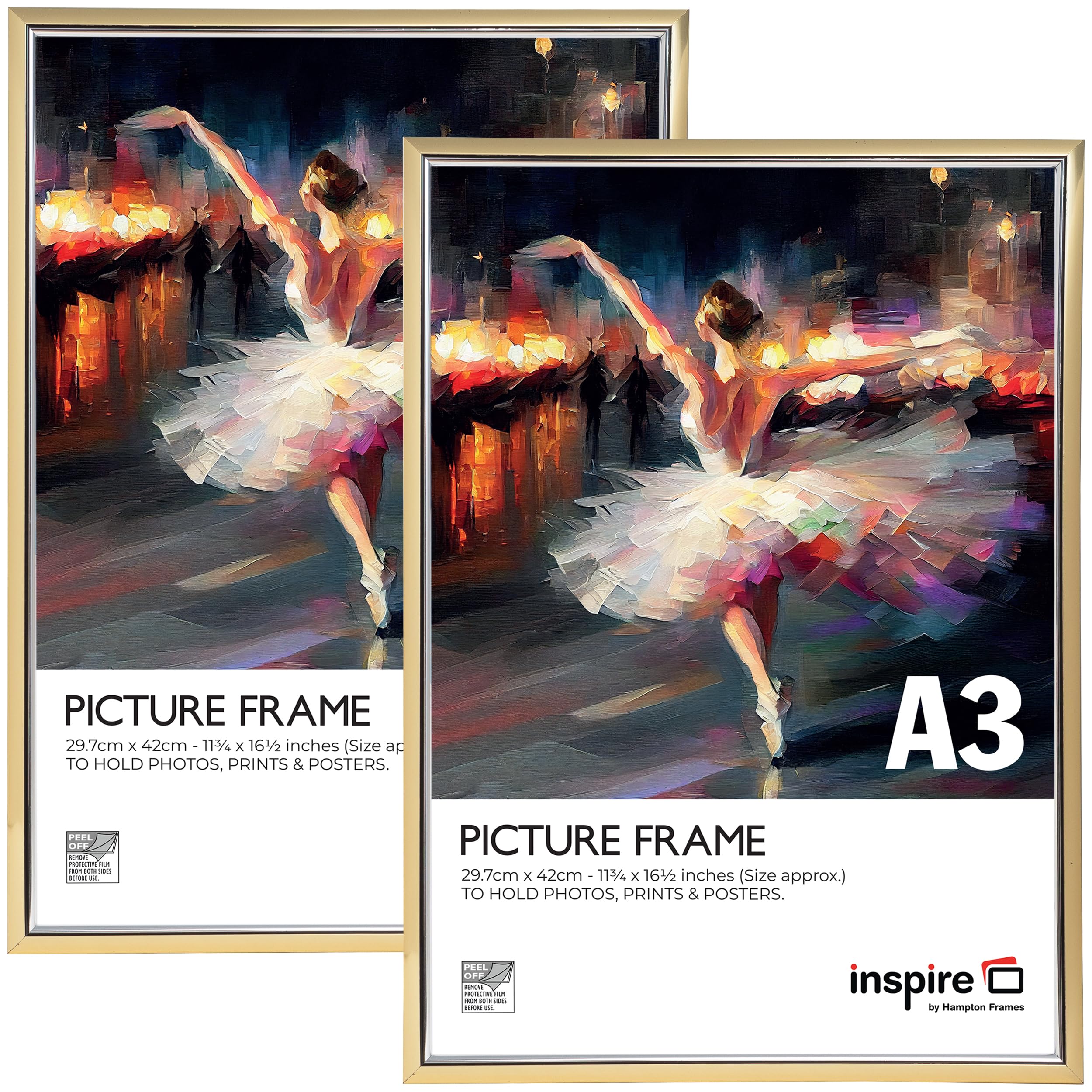 inspire by Hampton Frames | Picture Poster Frame 2-Pack | A3 (30x42cm), Gold, Plastic, Foil Wrapped | Acrylic Front, Drop-In Back, Wall Mount | For Photos, Certificates, Art Display