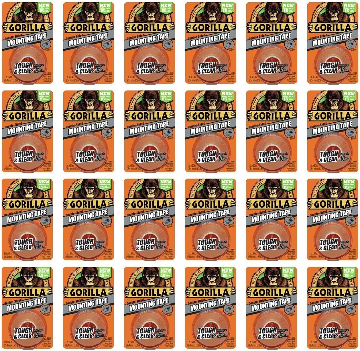 Gorilla Mounting Tape, Tough and Clear, Double-Sided, 1" x 60", Clear - 24 Pack