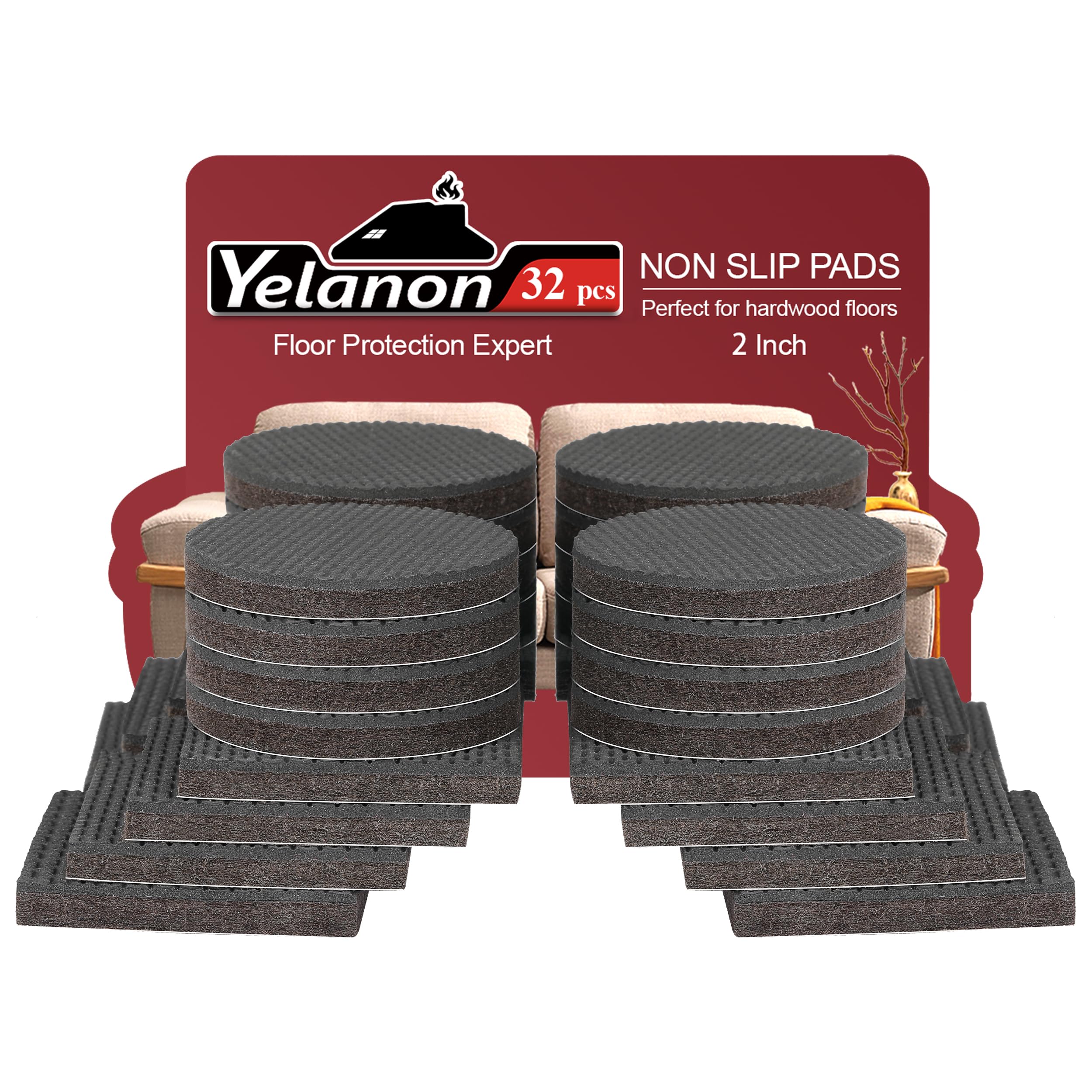 Yelanon Non Slip Furniture Pads - 32pcs 2“ Furniture Grippers, Non Skid for Furniture Legs,Self Adhesive Rubber Feet Furniture Feet,Anti Slide Furniture Hardwood Floors Protectors