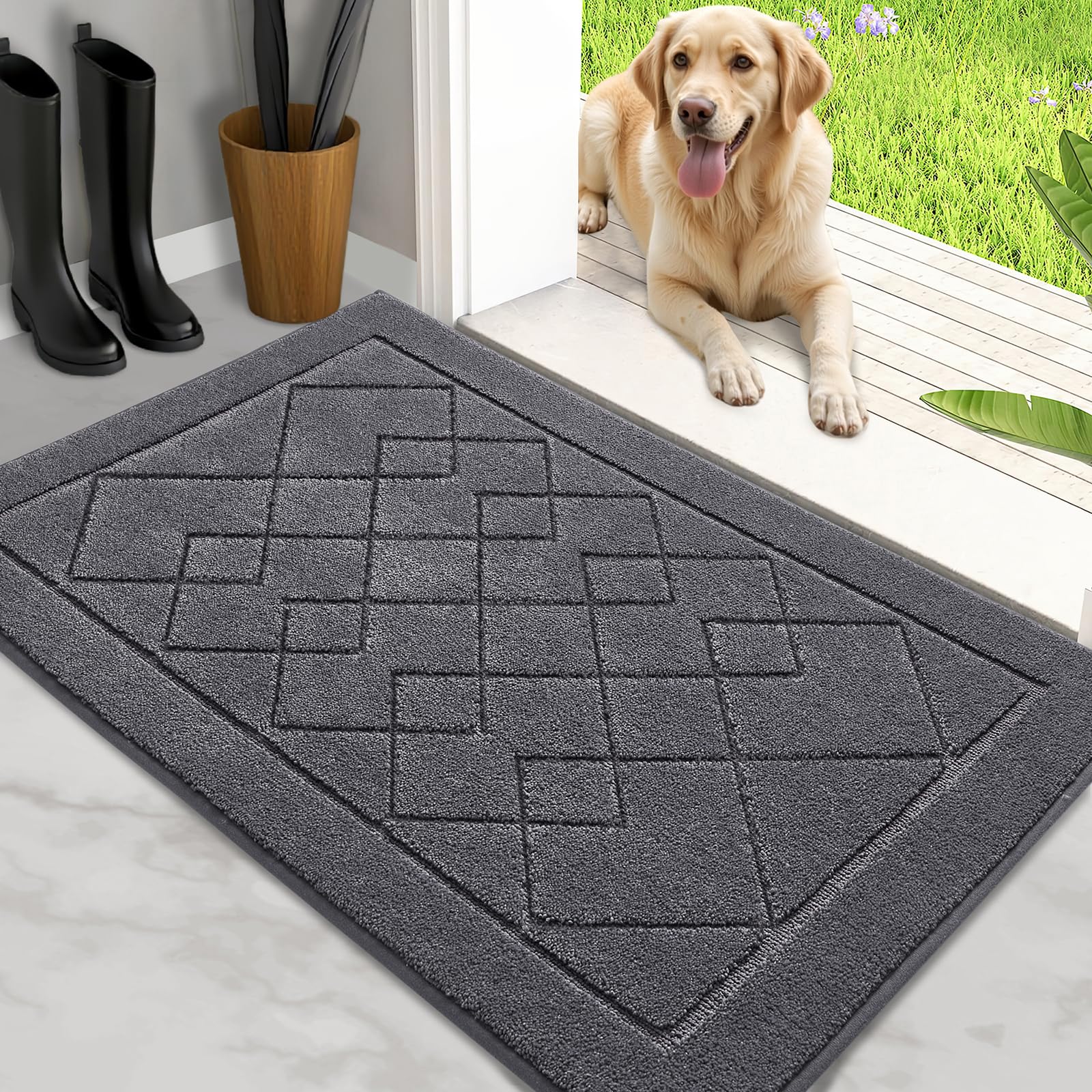 Photo 1 of REFETONE Dirt Trapper Door Mat 20" x 32", Washable Indoor Doormat Rubber Backing Non Slip, Resist Dirt and Absorbent Entrance Mat, Low Profile Inside Floor Mats for Front Back Door and Entryway, Grey