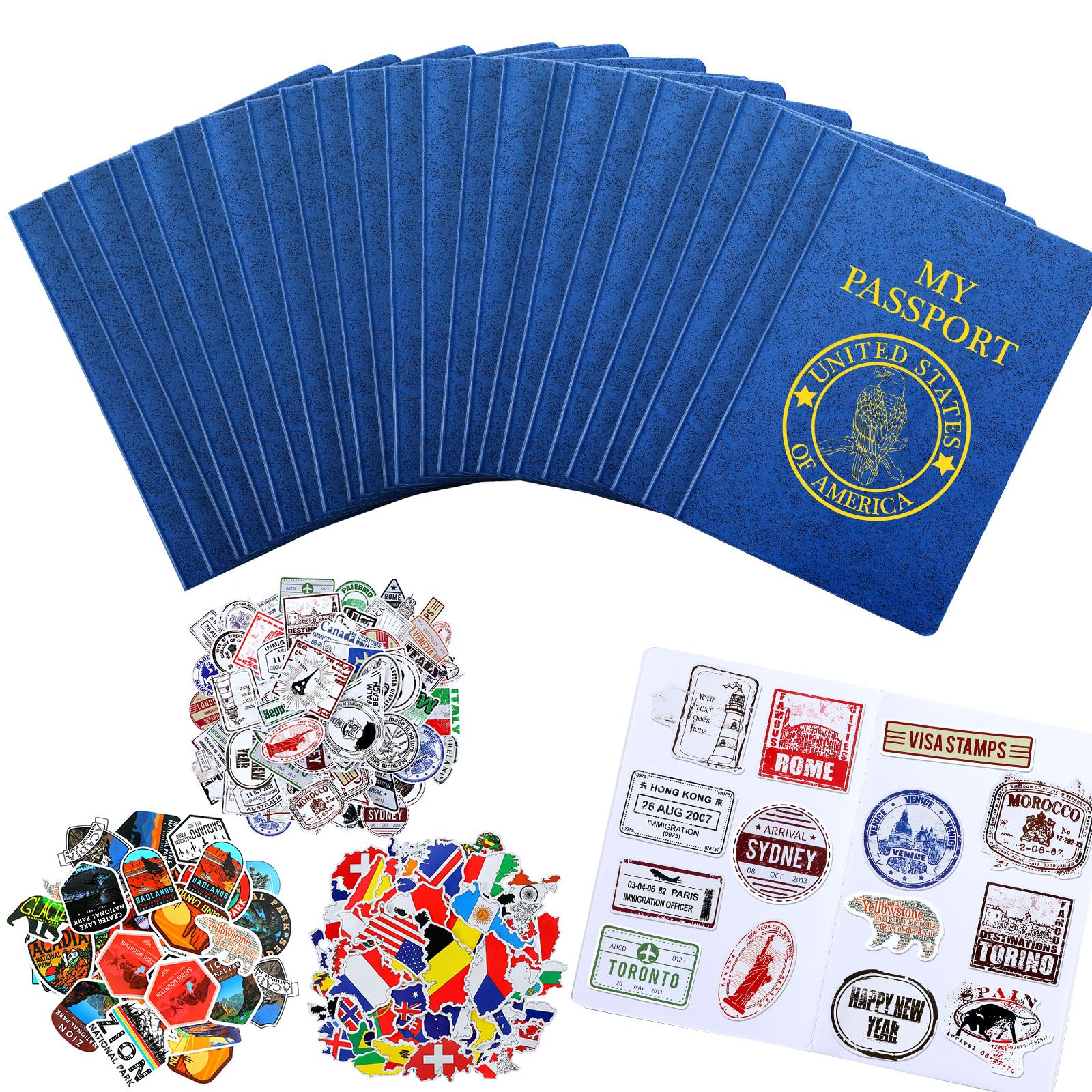 Photo 1 of Sureio 348 Pcs Kids Passport Book with Assorted Travel Stickers for Passport Party Favors Scrapbooks Wall Decals Arts Crafts School Supplies Game Prizes Collections for Boys and Girls