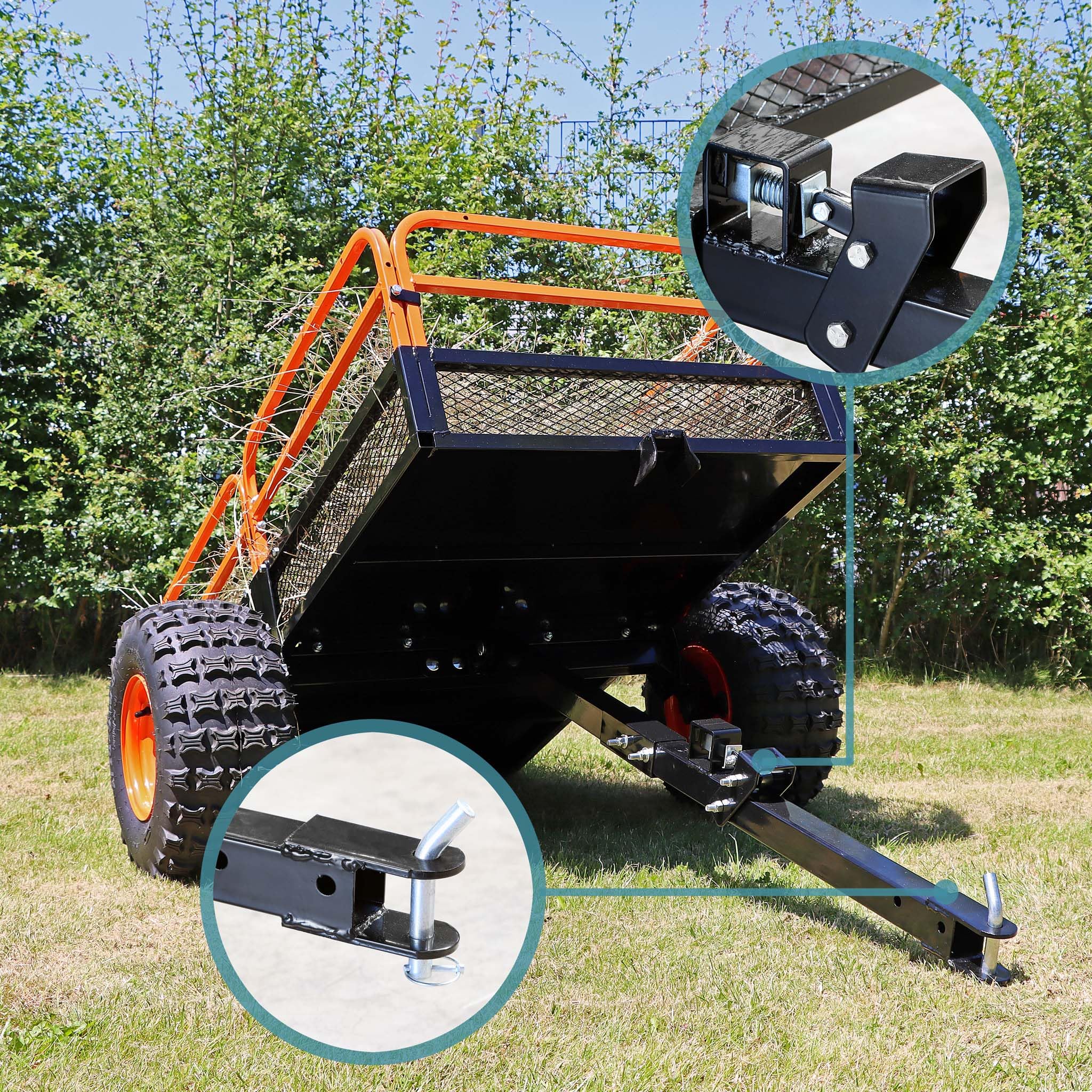 Wiltec Kippanhänger bis 680 kg für Rasentraktor, Anhänger Kipper 216 x 122 x 76,2 cm mit Gitter u. abnehmbaren Seitenwänden, Anhänger mit Kippfunktion 4