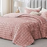 BEDELITE Velvet Quilt Set Queen Size - Luxury Velvet Comforter Bedding Set 3 Pieces, Soft Cozy Shiny Dusty Pink Oversized Bedspread Coverlet Valentines Bedding with 2 Pillow Shams