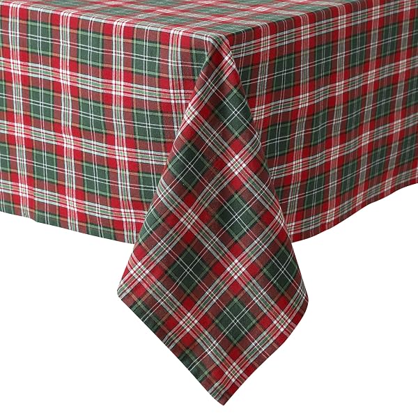 HOME BARGAINS PLUS RUDOLPH PLAID FABRIC TABLECLOTH, 60 X 120 INCH RECTANGLE, TRADITIONAL RED AND GREEN CHECK PATTERN, COTTON BLEND HOLIDAY TABLE COVER FOR CHRISTMAS DINING AND WINTER DECOR
