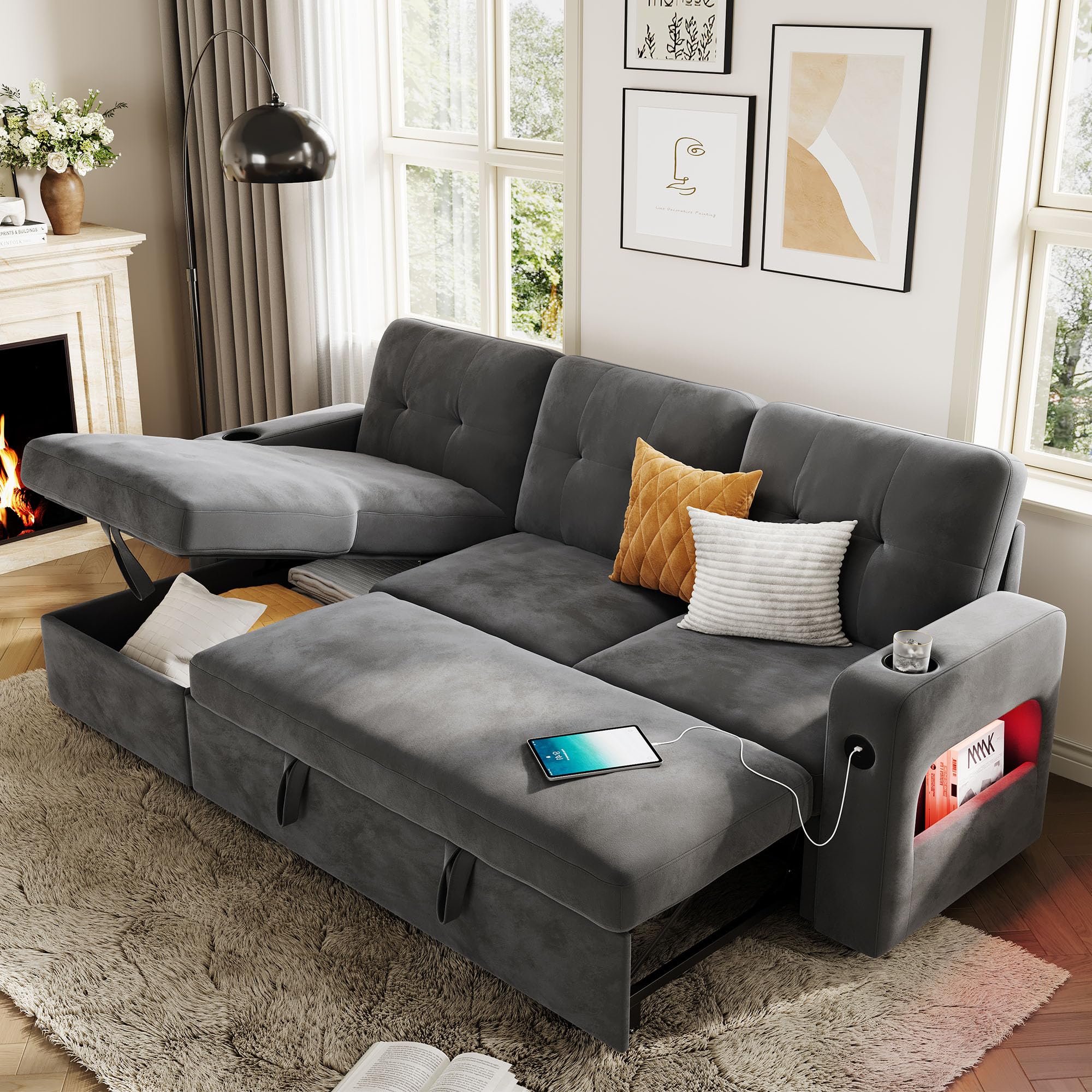 Photo 1 of (4/17/2026 ***FINAL SALE/NO RETURN, SOLD AS PARTS***)
GarveeHome 84 Inch Sleeper Sofa Bed, L-Shaped Sofa, Convertible Pull Out Couch Bed with Storage, Charging Station, LED Lights, Modern Sectional Sofa for Living Room, Apartment, Velvet, Dark Grey