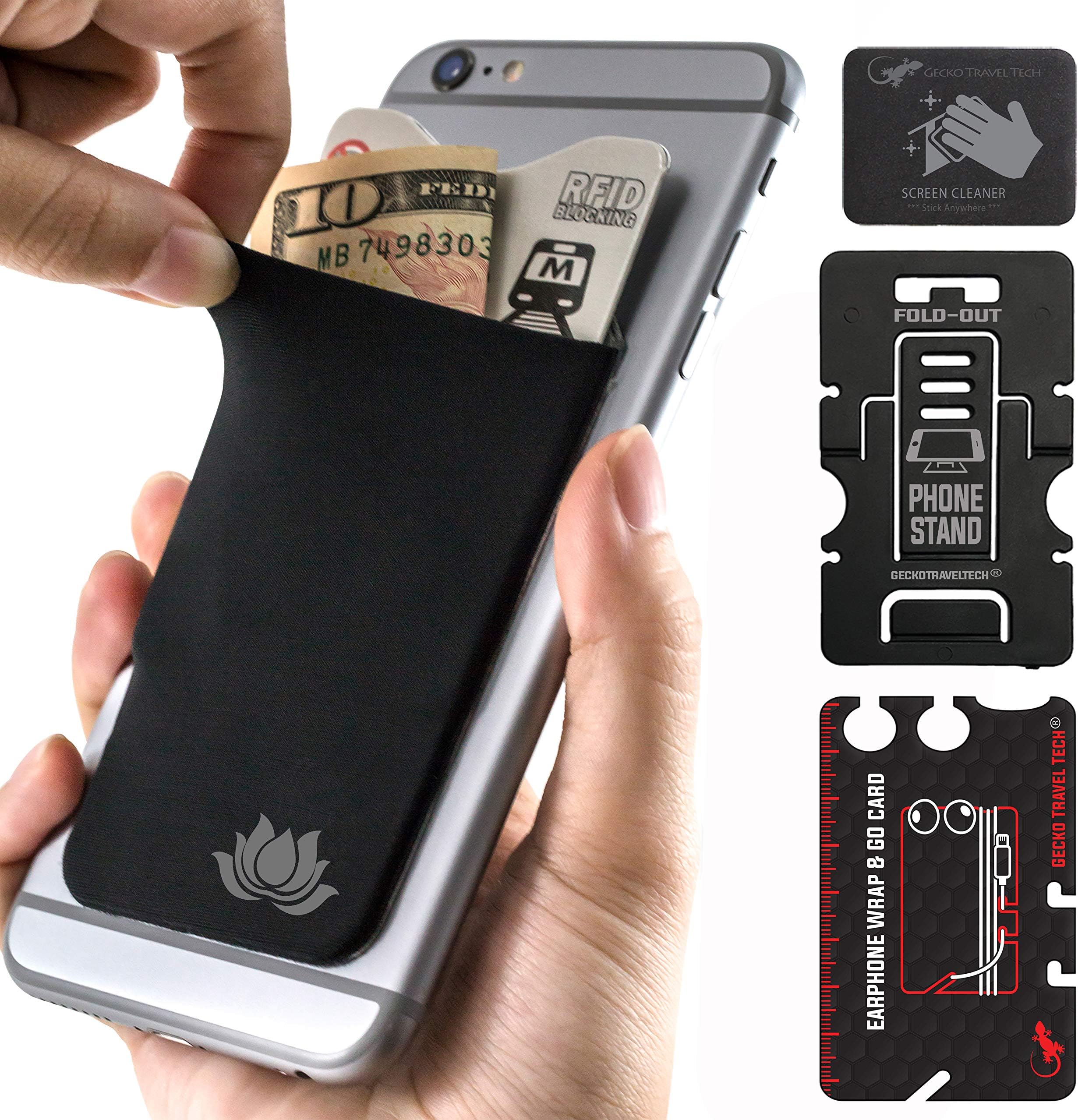 Gecko Travel TechPhone Wallet - Adhesive Card Holder - Cell Phone Pouch - Stick on Lycra Pocket by Gecko - Carry Credit Cards and Cash