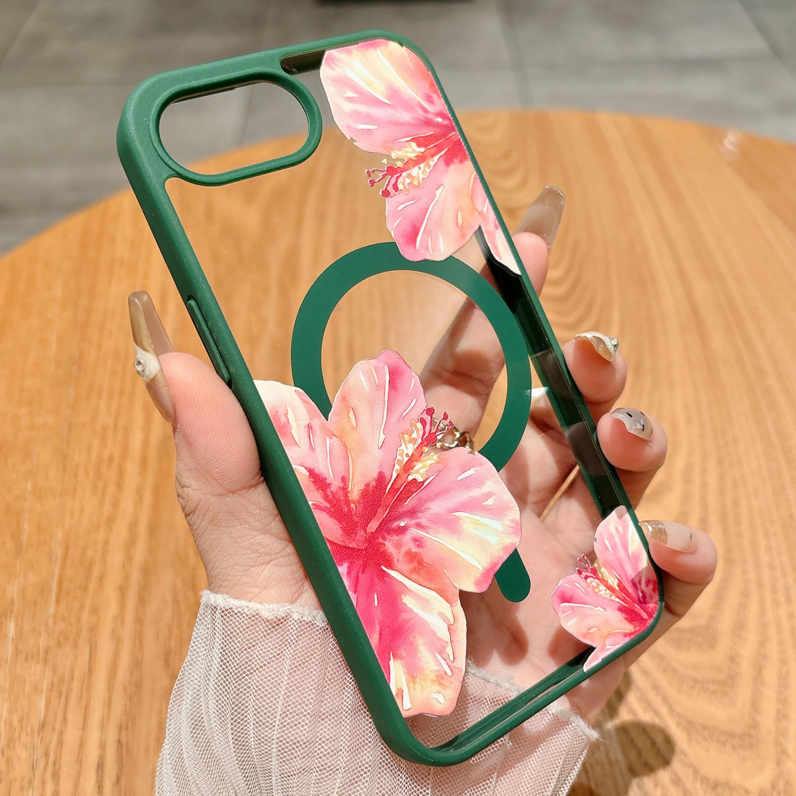HYUEKOKO Magnetic for iPhone 16e Case [Compatible with MagSafe] Cute Trendy Hibiscus Flower Pattern Design for Summer Hawaiian, Translucent Shockproof Protective Case for Girls Women-Green