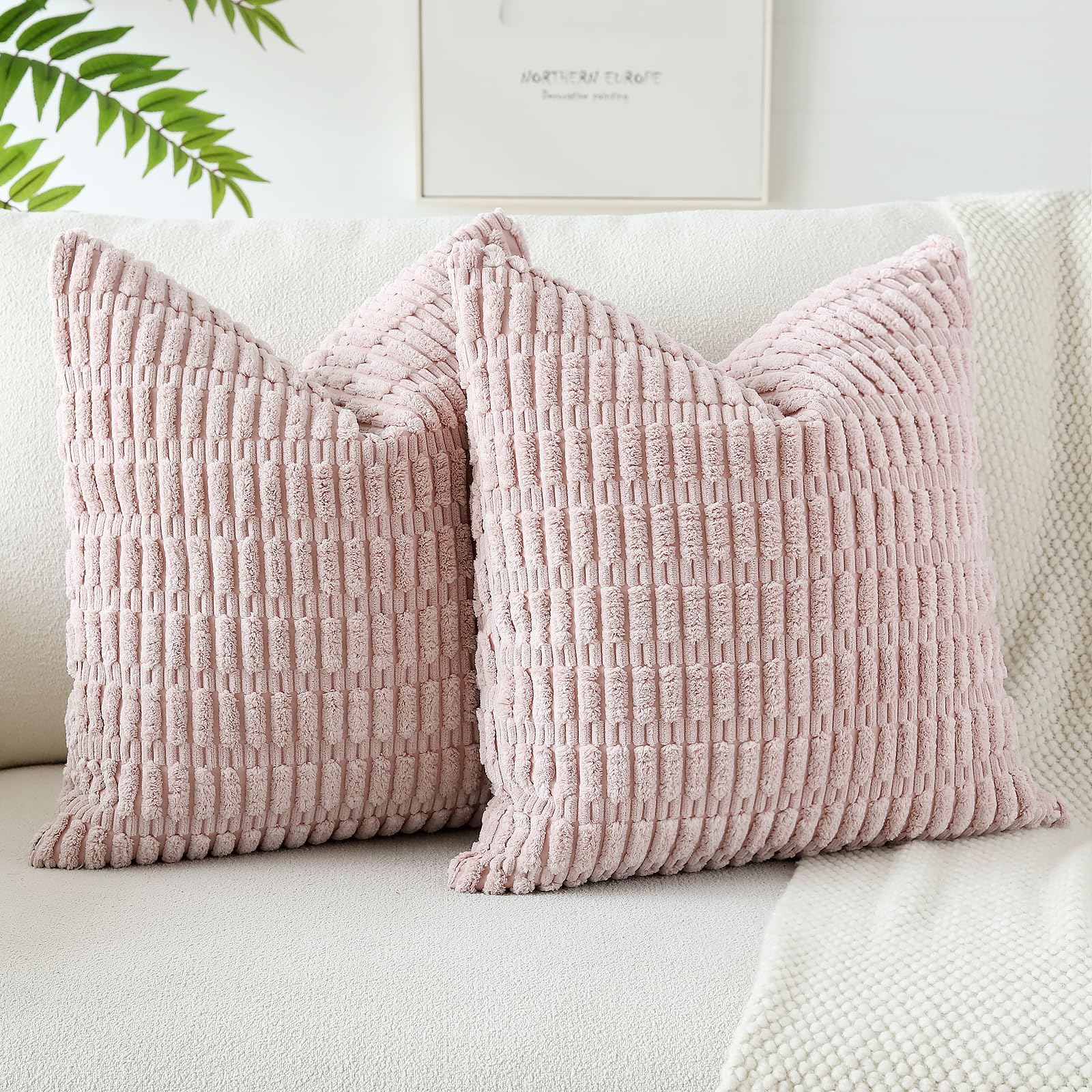 JOTOM Corduroy Soft Striped Decorative Throw Pillow Covers 22x22 Inch Cushion Covers 55x55 cm Cushion Case Square Pillowcase for Couch Sofa Living Room Bed Home Boho Decor Set of 2 (Pink) — image 1