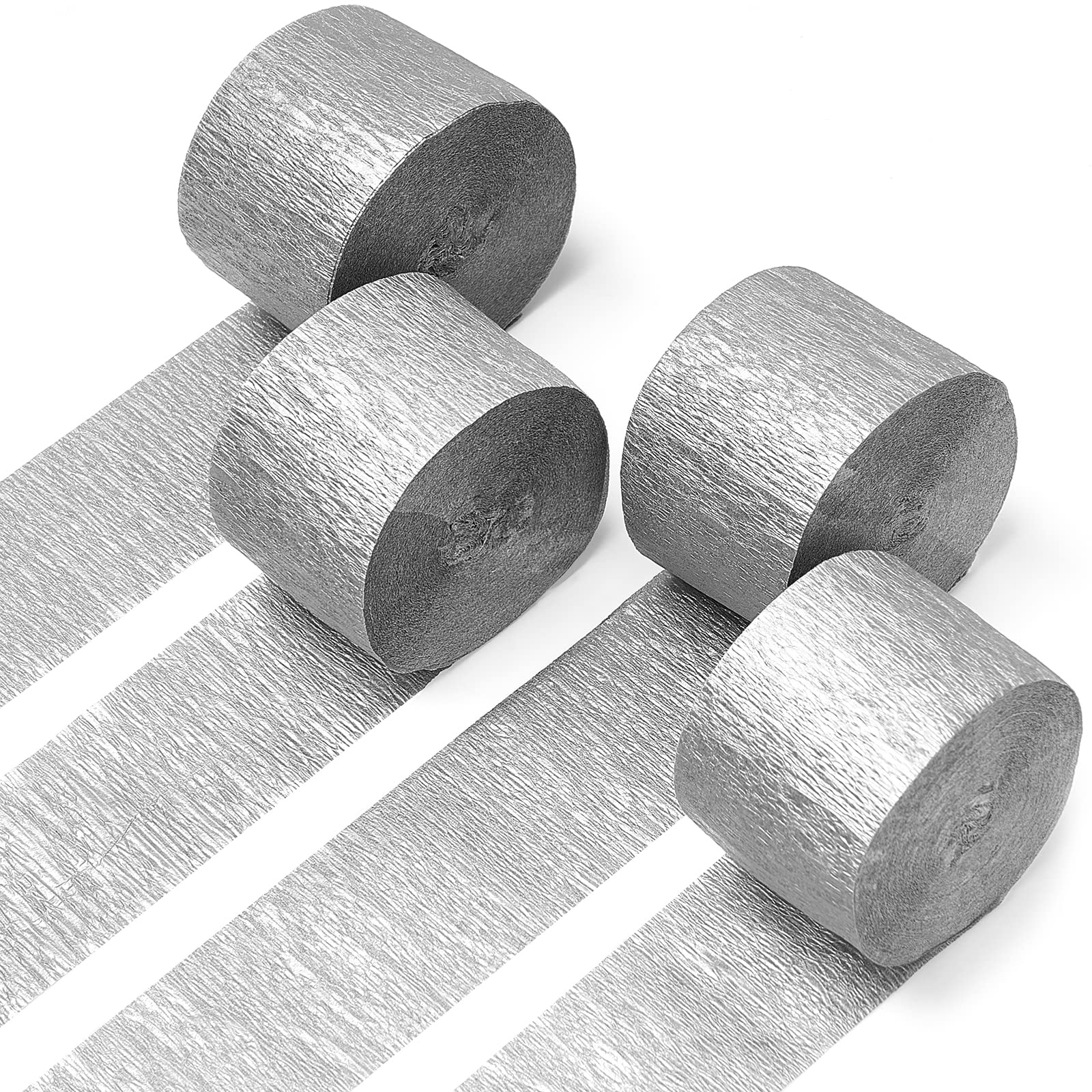 Photo 1 of PartyWoo Silver Crepe Paper Streamers 4pcs 328ft Pack of Silver Crepe Paper for Wedding Bachelorette Birthday Baby Shower Bridal Shower Engagement Anniversary New Year Graduation Party Decorations