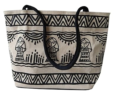 BAHOK Cotton jute shoulder bags for women, black with folk printed