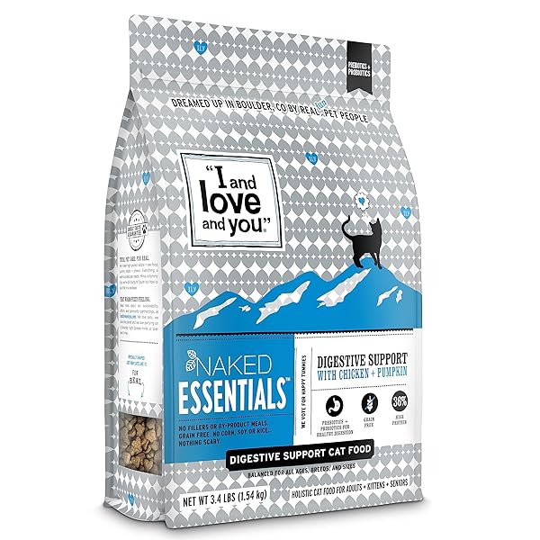 I AND LOVE AND YOU NAKED ESSENTIALS DRY CAT FOOD – CHICKEN + PUMPKIN FOR DIGESTIVE SUPPORT – GRAIN FREE, REAL MEAT, PREBIOTICS + PROBIOTICS, 3.4LB BAG