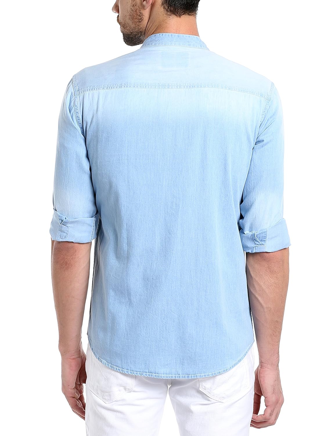 dennis lingo men's denim light blue solid casual shirt
