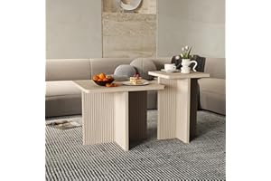 MHSATYRS Oak Coffee Tables for Living Room: End Tables Set of 2 for Modern Small Side Spaces, Wooden Square Center Nesting Pieces with Fluted Wood Details (Oak)