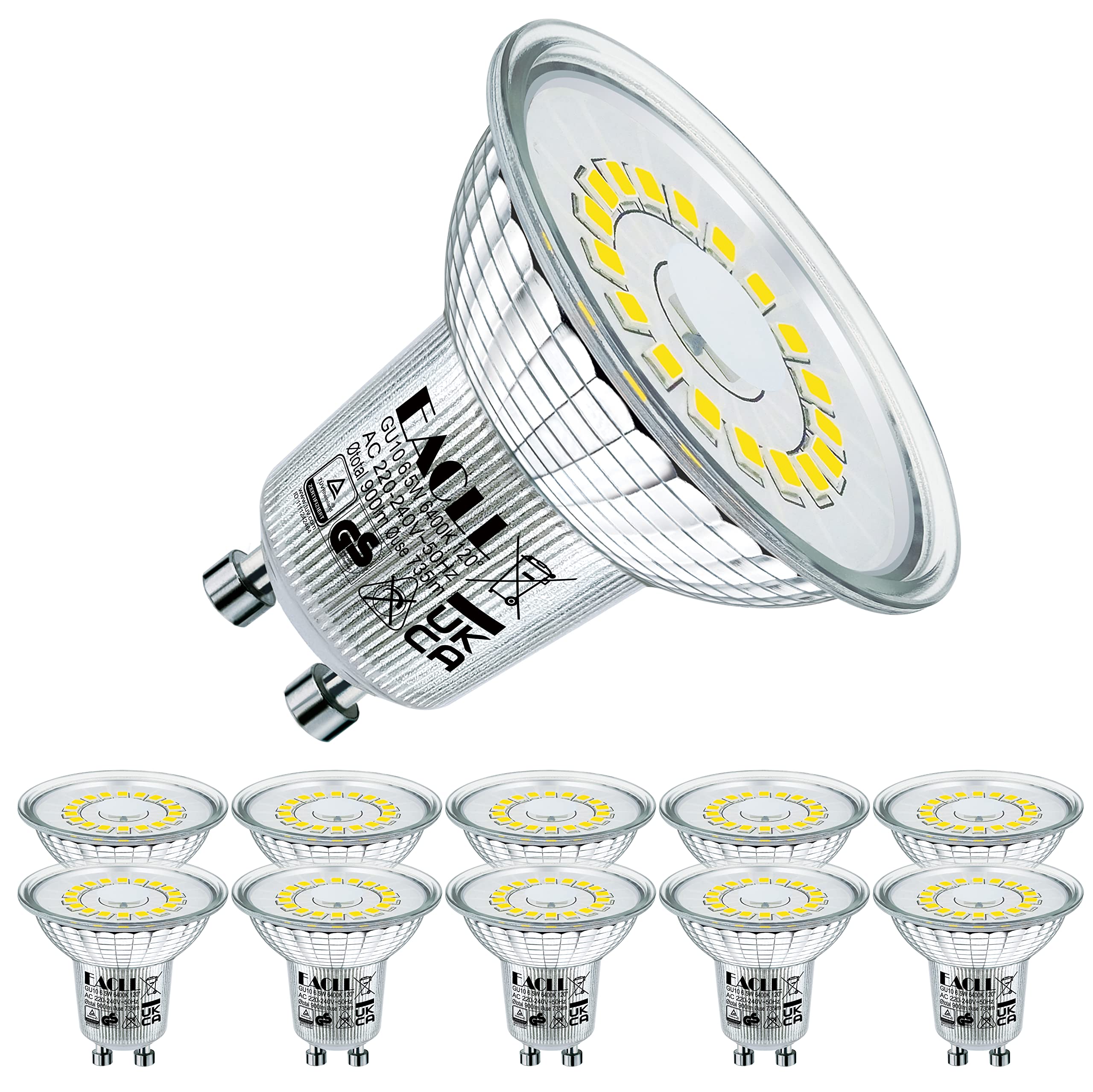EACLL GU10 LED Bulbs 6.5W 6000K Cool White Light 735LM Perfect Replace for 100W Halogen Lamp. No Flicker Spotlight, Wide Beam Angle 120°, No Strobe Reflector Light, 10 Pack