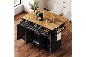 Yayzy Rolling Kitchen Island with Drop Leaf, 4 Cabinet Doors, 3 Drawers & Side Storage Racks, Mobile Kitchen Cart with Rubberwood Top & Locking Wheels for Dining Room & Kitchen, 54-Inch, Black