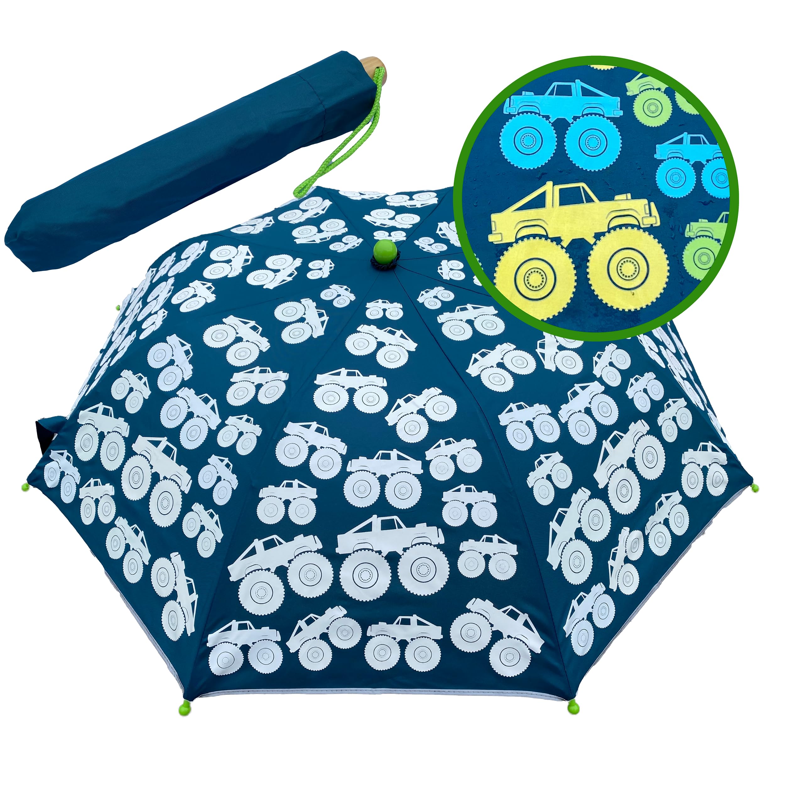 HECKBO children's umbrella Monster Truck Magic for boys girls - changes color when it rains - pocket umbrella - fits in every school bag - stormproof - school enrolment gifts - with wooden handle