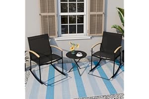 SUNLEI 3-Piece Patio Bistro Sets, Outdoor Breathable Rocking Chairs & Black Furniture Conversation Set-Two Chairs with Coffee Table (Rocking Chairs/Black)