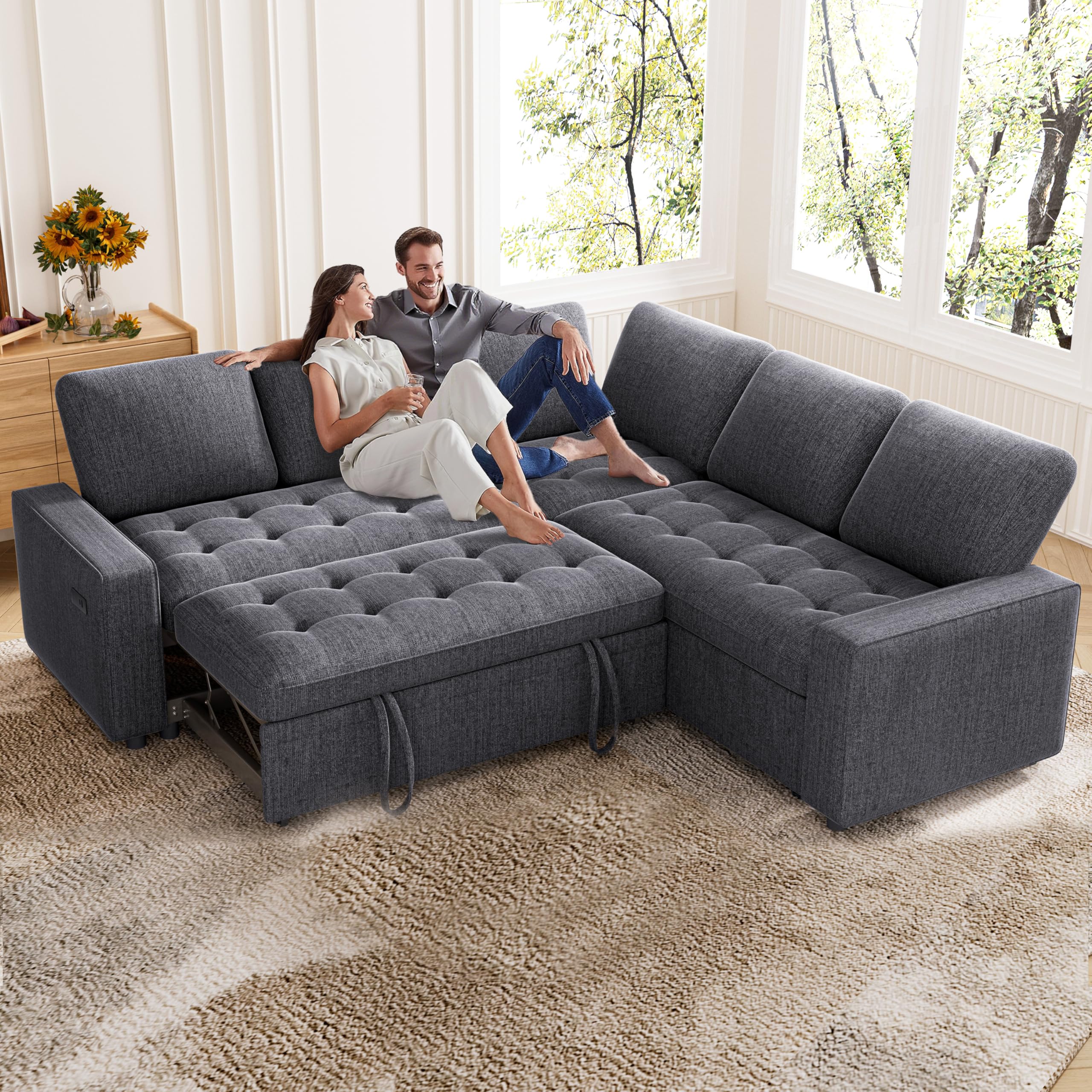Photo 1 of **PARTIAL SET/SEE PHOTOS**Vipbear Modular Sectional Sleeper Sofa with Pull Out Bed, Chenille L Shaped Sectional Sofa with USB Ports/Adjustable Backrest/Storage Seats, Tool-Free Assembly, Couches for Living Room Dark Grey