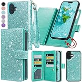 Varikke for iPhone 17 Wallet Case Detachable with RFID Blocking Card Holder for Women, Glitter PU Leather Wrist Strap Strong Magnetic Flip Removable Phone Case Cover for iPhone 17 6.3", Mint Green