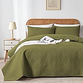 WURUIBO Full/Queen Quilt Set Olive Green, Microfiber Lightweight Bedspreads, Ultrasonic Embossed Solid Coverlet, Thin Bedding Set for All Season, Soft Breathable Bed Cover(1 Quilt, 2 Pillow Shams)