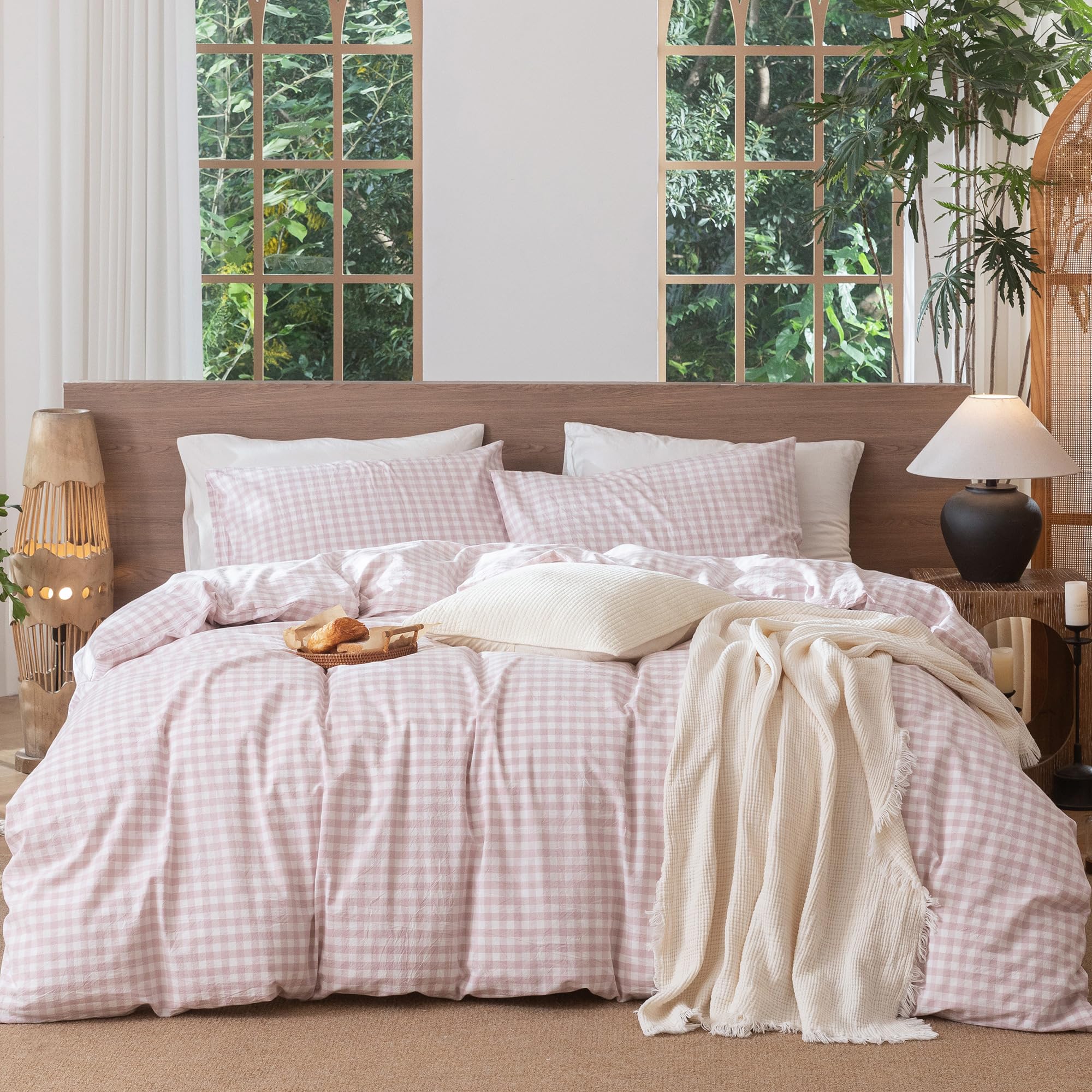 Photo 1 of MooMee Gingham Duvet Cover Set 100% Washed Cotton Linen Like Textured Breathable Durable Soft Comfy Modern Checkered Design (Classic Gingham Greyish Pink, Oversized Full 82"x86")