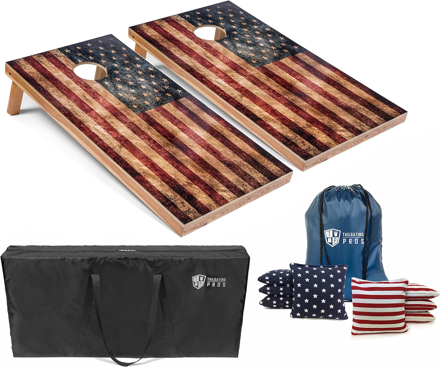Tailgating Pros Rustic American Flag Cornhole Boards w/Bean Bags - 4'x2' Distressed Flag Cornhole Game w/Carrying Case & Corn Hole Bags