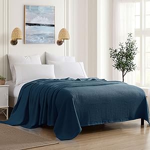 Sweet Home Collection 100% Fine Cotton Blanket Luxurious Breathable Weave Stylish Design Soft and Comfortable All Season Warmth, King, Navy