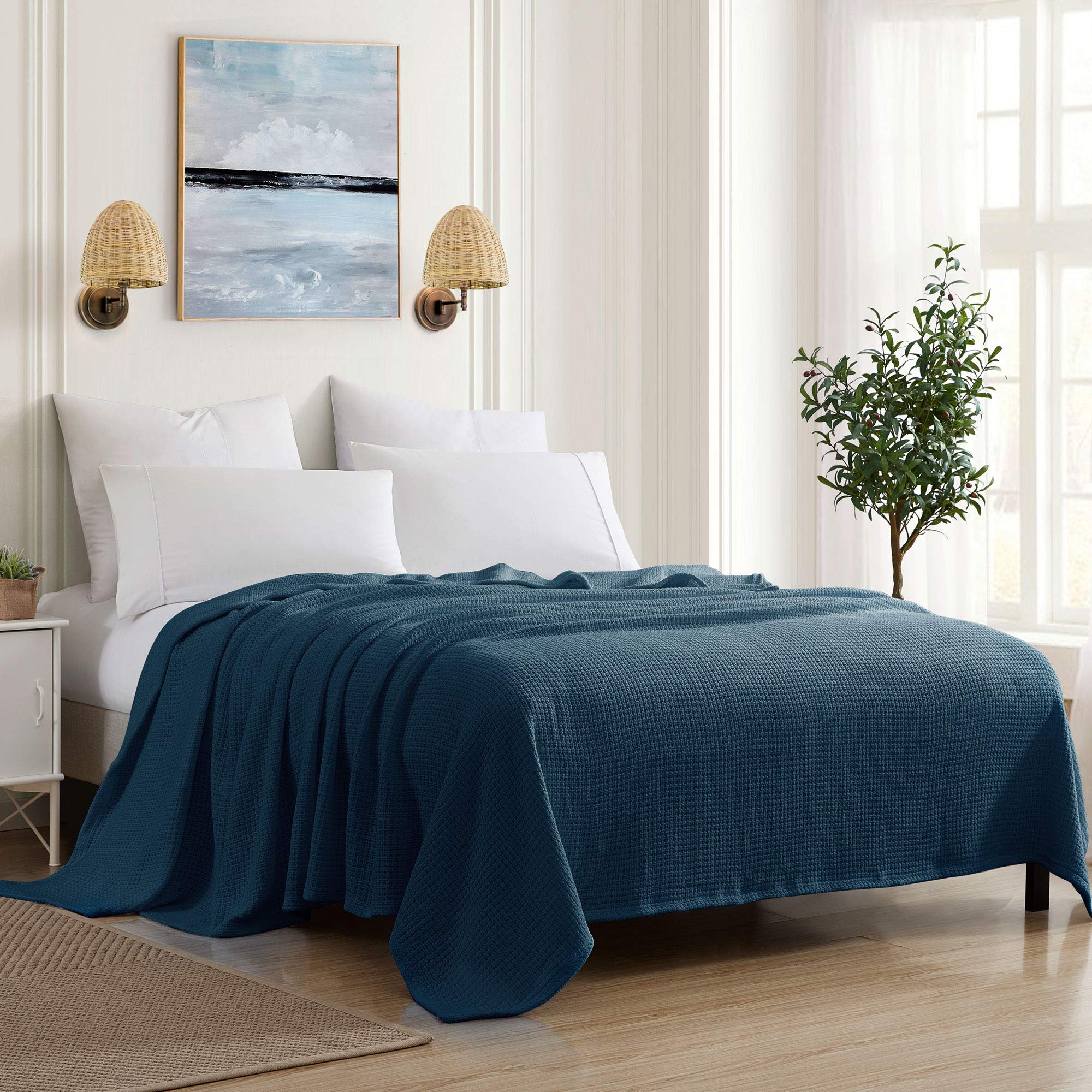 100% Fine Cotton Luxurious Basket Weave Blanket, Navy, King Size (Pack of 6)