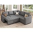 HONBAY Modular Sectional Sleeper Sofa with Pull Out Bed, Linen Convertible L Shaped Sectional Couch with Storage Seat, Sectional Couches for Living Room,Grey