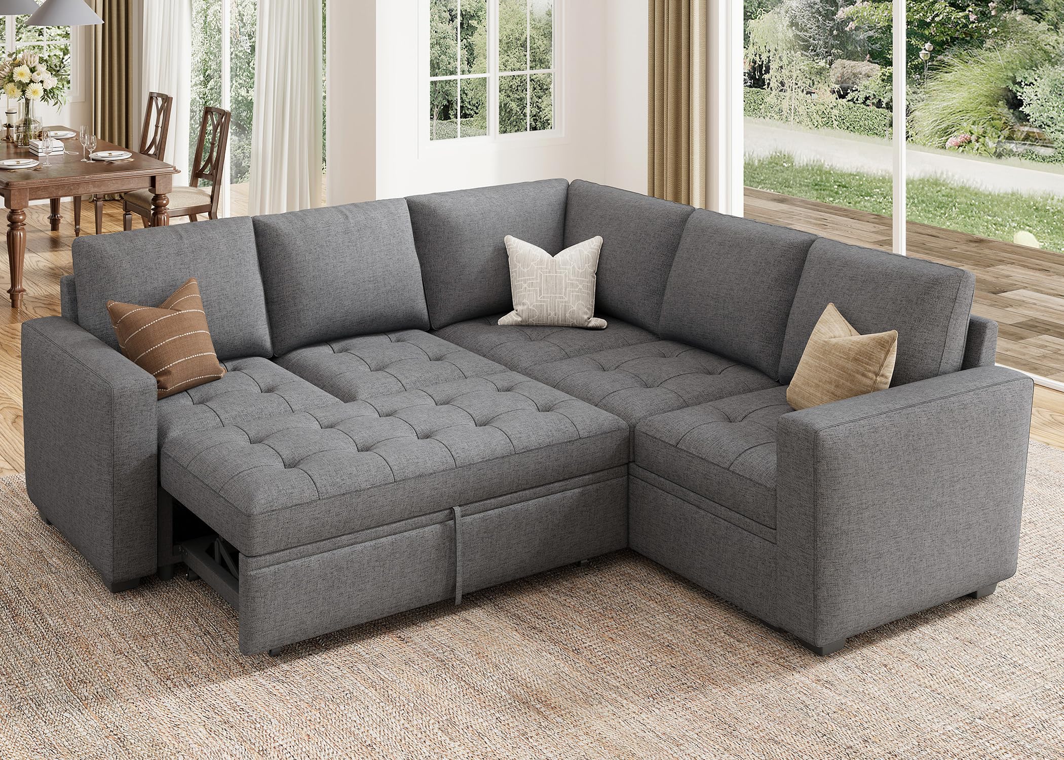 Photo 1 of **MISSING PARTS  HONBAY Modular Sectional Sleeper Sofa with Pull Out Bed, Linen Convertible L Shaped Couch with Storage Seat, Sectional Couches for Living Room,Grey