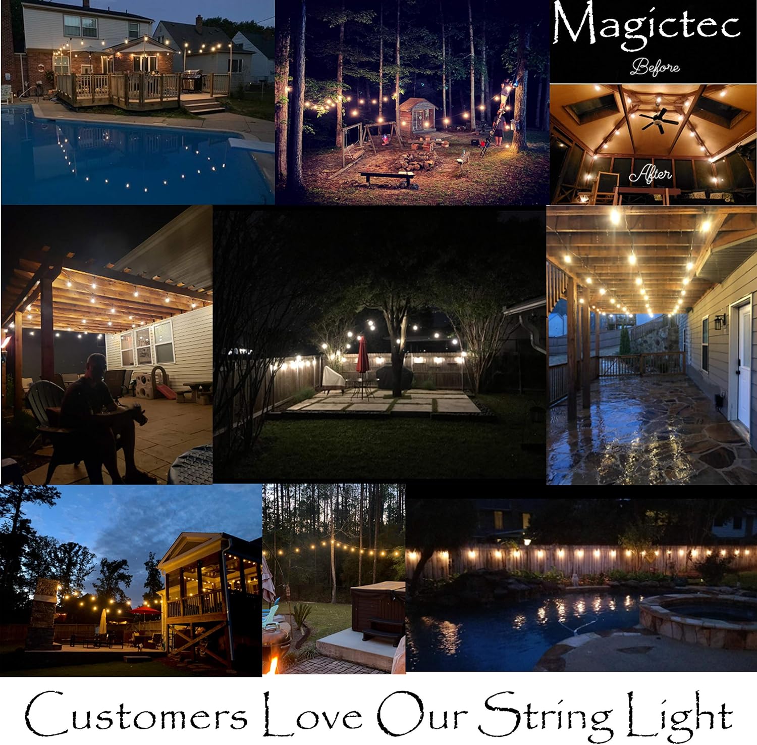 Magictec LED Shatterproof String Lights Commercial Grade with 15 Hanging Sockets 48 Ft Black Outdoor Weatherproof Cord Strand for Patio Garden Porch Backyard Bistro Gazebo Party Deck Yard, 2 Pack - - 