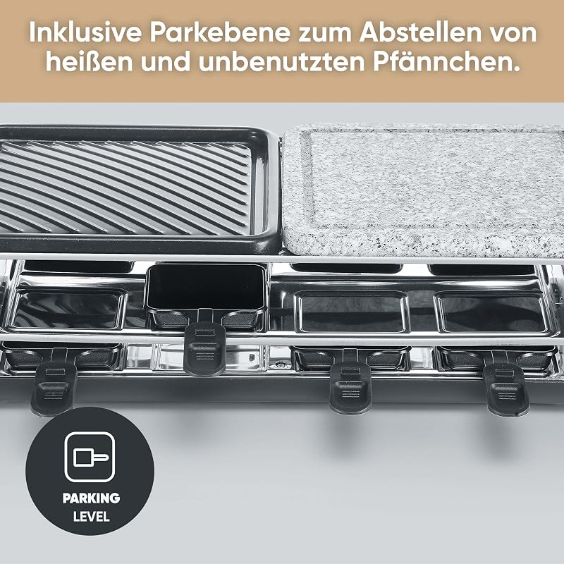 Raclette-Grill für 8 Personen, Naturgrillstein & antihaftbeschichtete-Grillplatte, Tischgrill mit extra tiefen Pfännchen, spülmaschinengeeignet, Black Line, RG 2366
