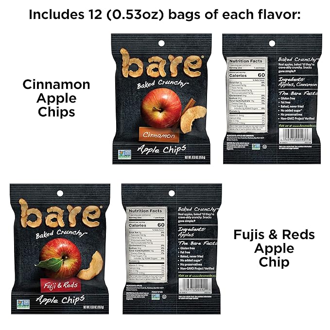 Amazon Com Bare Natural Apple Chips Snack Size Variety Pack Gluten Free Baked 0 53 Oz 24 Count Dried Fruits Grocery Gourmet Food