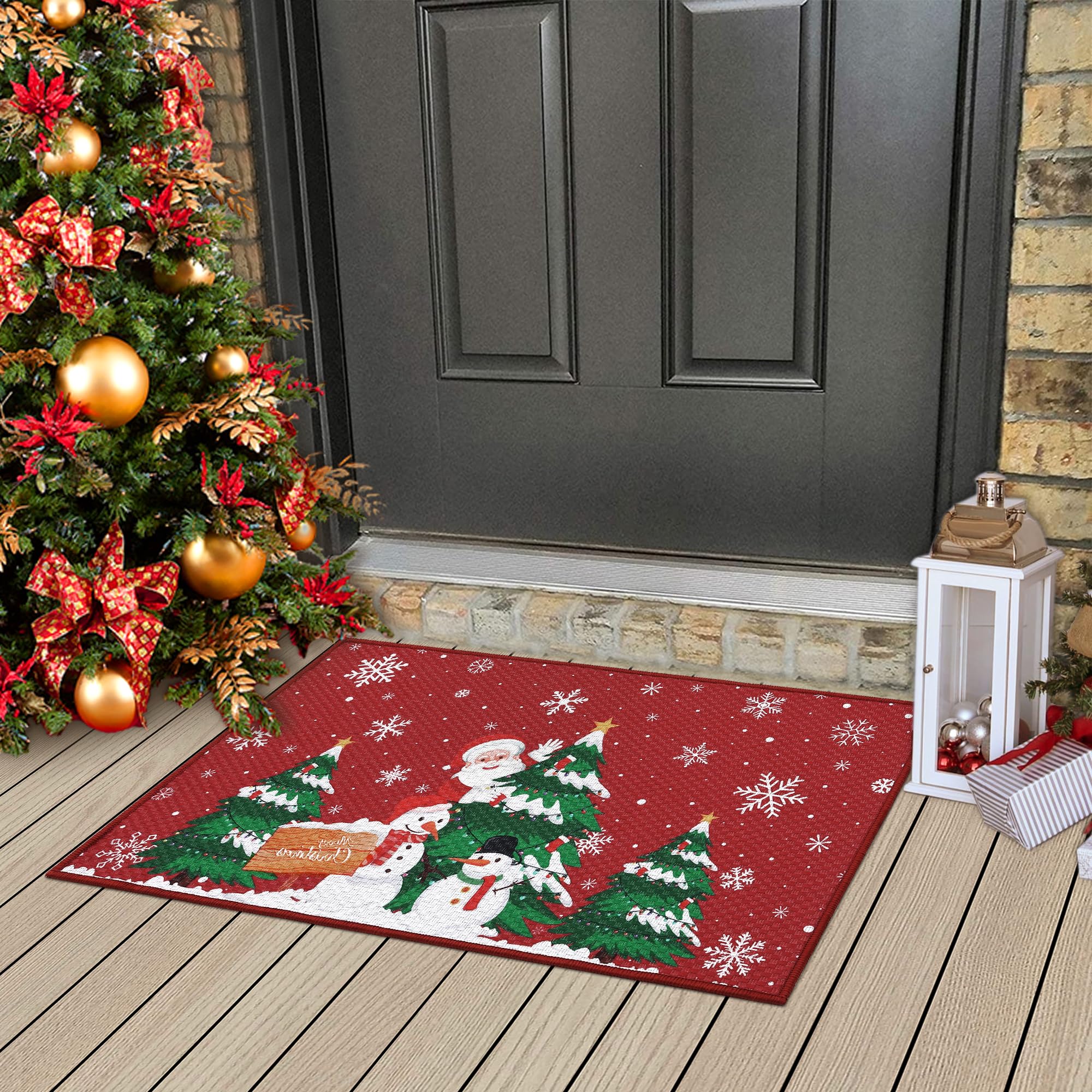 CAROMIO Santa Claus Christmas Doormat Outdoor Entrance Red Christmas Tree Rugs Welcome Mats for Front Door, Indoor Christmas Mat Non Slip Doormat Indoor or Outdoor for Home Decor, 40x80cm