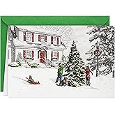Hallmark Bulk Classic Holiday Boxed Cards (40 Cards and 40 Envelopes) Snowy Red and White Home with Glitter