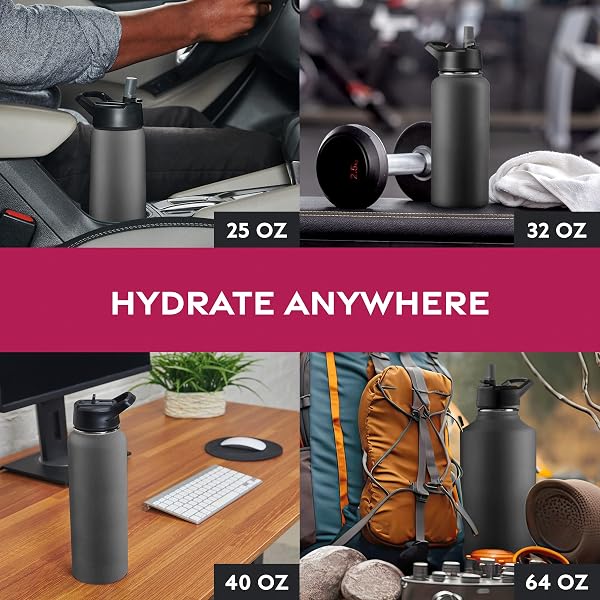 FINEDINE 25 OZ INSULATED WATER BOTTLE WITH STRAW – TRIPLE WALLED STAINLESS STEEL METAL BOTTLE W/ 3 LEAK PROOF LIDS – FOR TRAVEL, SCHOOL, SPORTS, GYM/MEN, WOMEN & KIDS – INKY RAVEN BLACK