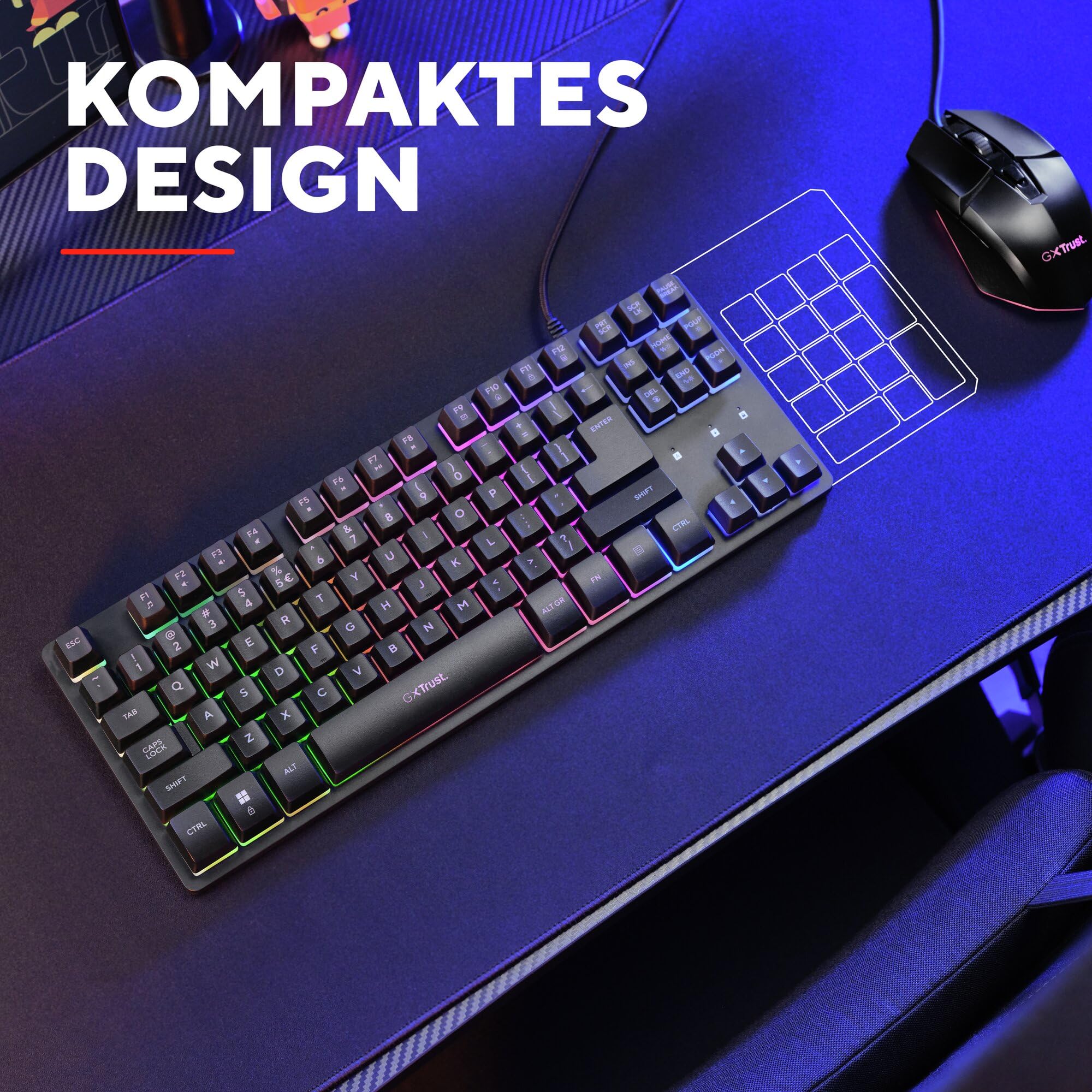 GXTrust 833 Thado TKL Tastatur Deutsches QWERTZ Layout, Kompakte 80% USB Gaming Tastatur aus Metall, Anti-Ghosting, LED-Beleuchtung, für PC Laptop Mac, Schwarz 3
