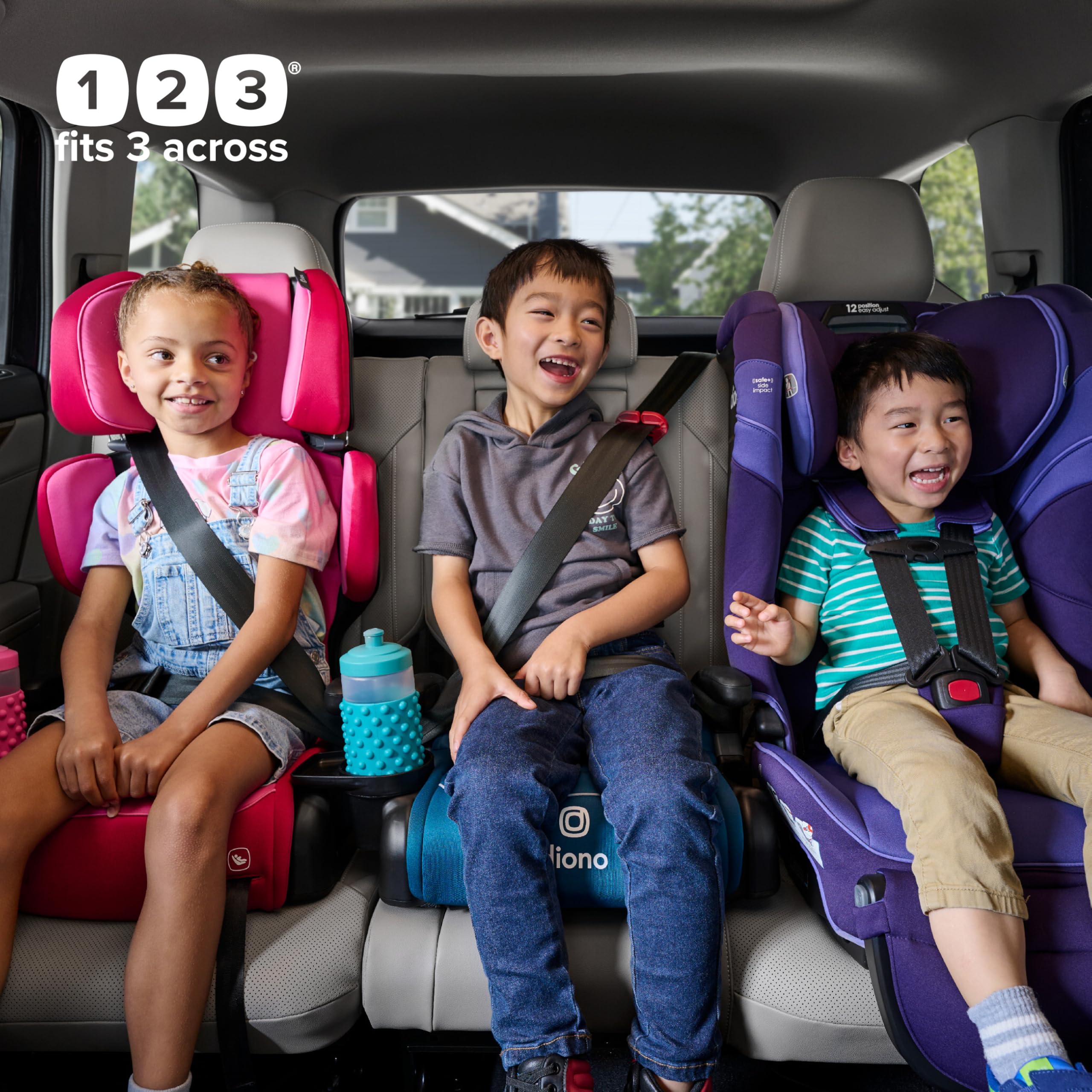 Diono Connect3 R Backless Booster Pack of 2, Slim Fit 3-Across in Many Mid-Sized Sedans and SUVs, for Children from 40-120 lbs., Lightweight with Cupholder, Black Storm