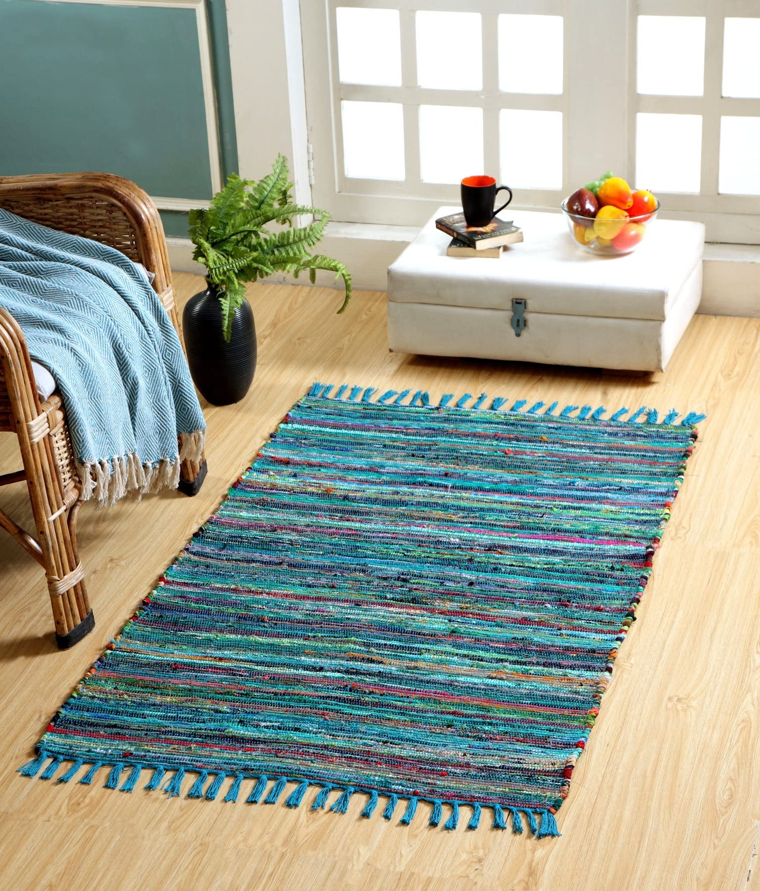 Second Nature Online Green Multi Colour Festival Rag Rug Medium Hand Made Reversible Mat GoodWeave Certified 90 cm x 150 cm