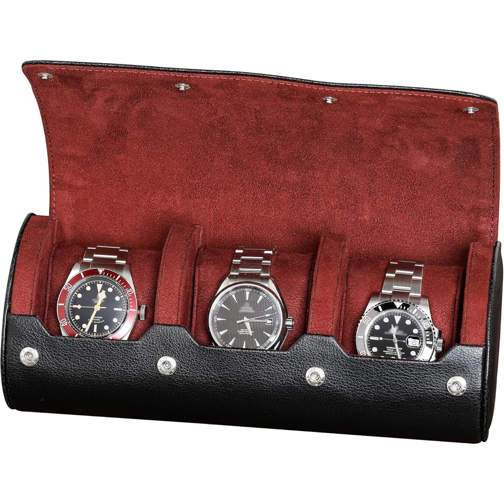 ROTHWELL Watch Roll Travel Case for 3 Watches | Tough Portable Protection, Fits All Wrist Watches & Smart Watches Up to 50mm (Black/Red)