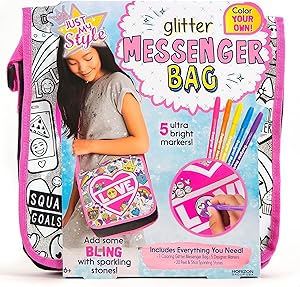 Just My Style Color Your Own Glitter Messenger Bag by Horizon Group USA,Embellish Your Girl Power Purse Using Sparkling Gem Stones & 5 Bright Markers Included,DIY Arts & Crafts Activity Kit,Multicolor