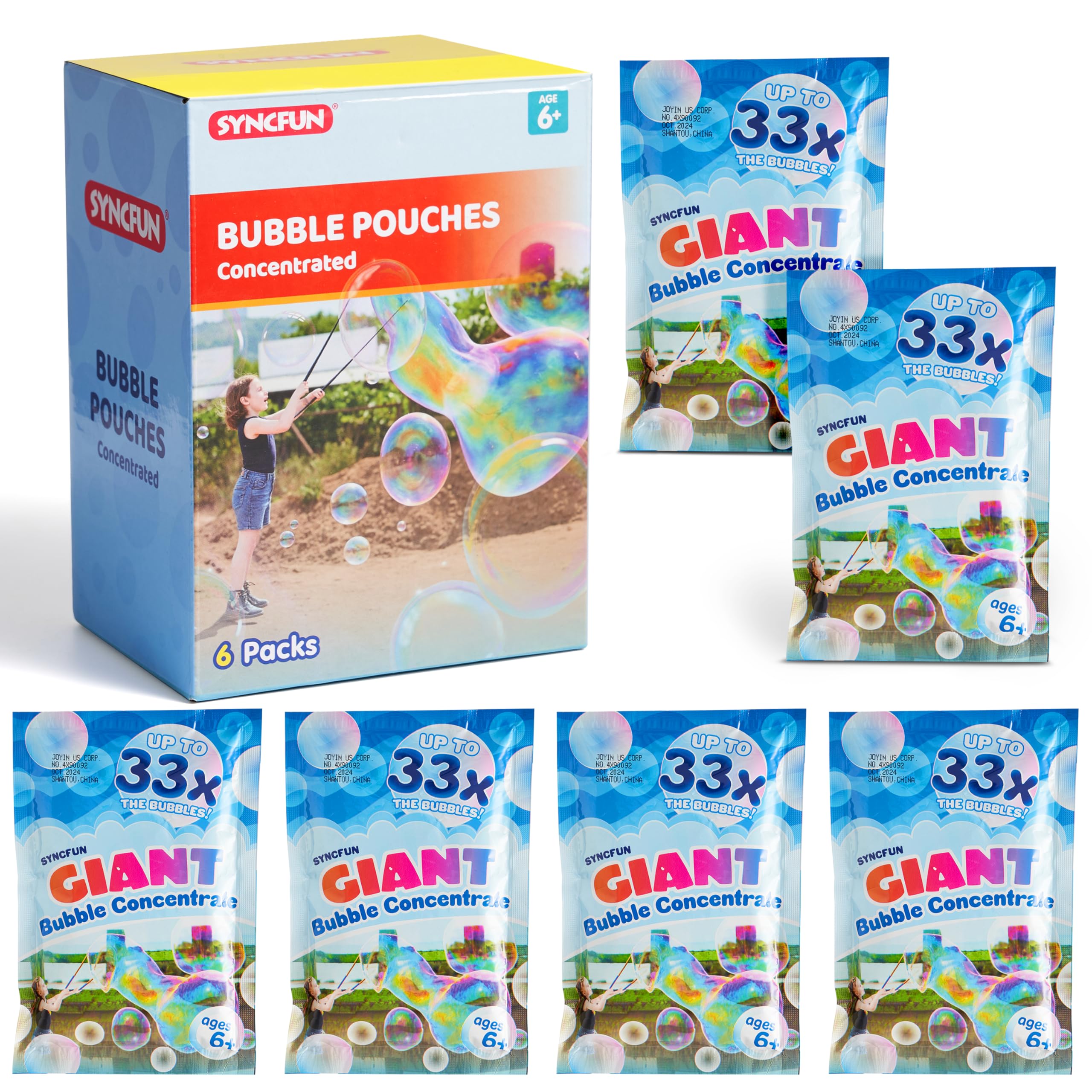 SYNCFUN 6 Packs Giant Bubble Concentrated Solution (Up to 17 Litre), 6 Pouches Solution Refill for Bubble Machine, Wands, Blower, for Large party in summer Celebrations, Easter, Outdoors Activity