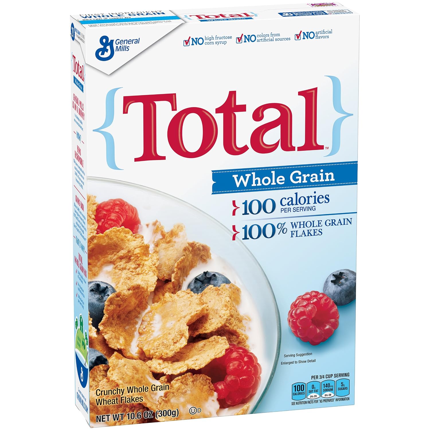 Total cereal crunchy whole grain Wheat flakes whole grain Wheat, sugar, calcium carbonate, corn syrup, salt, Distilled monog (016000275225)